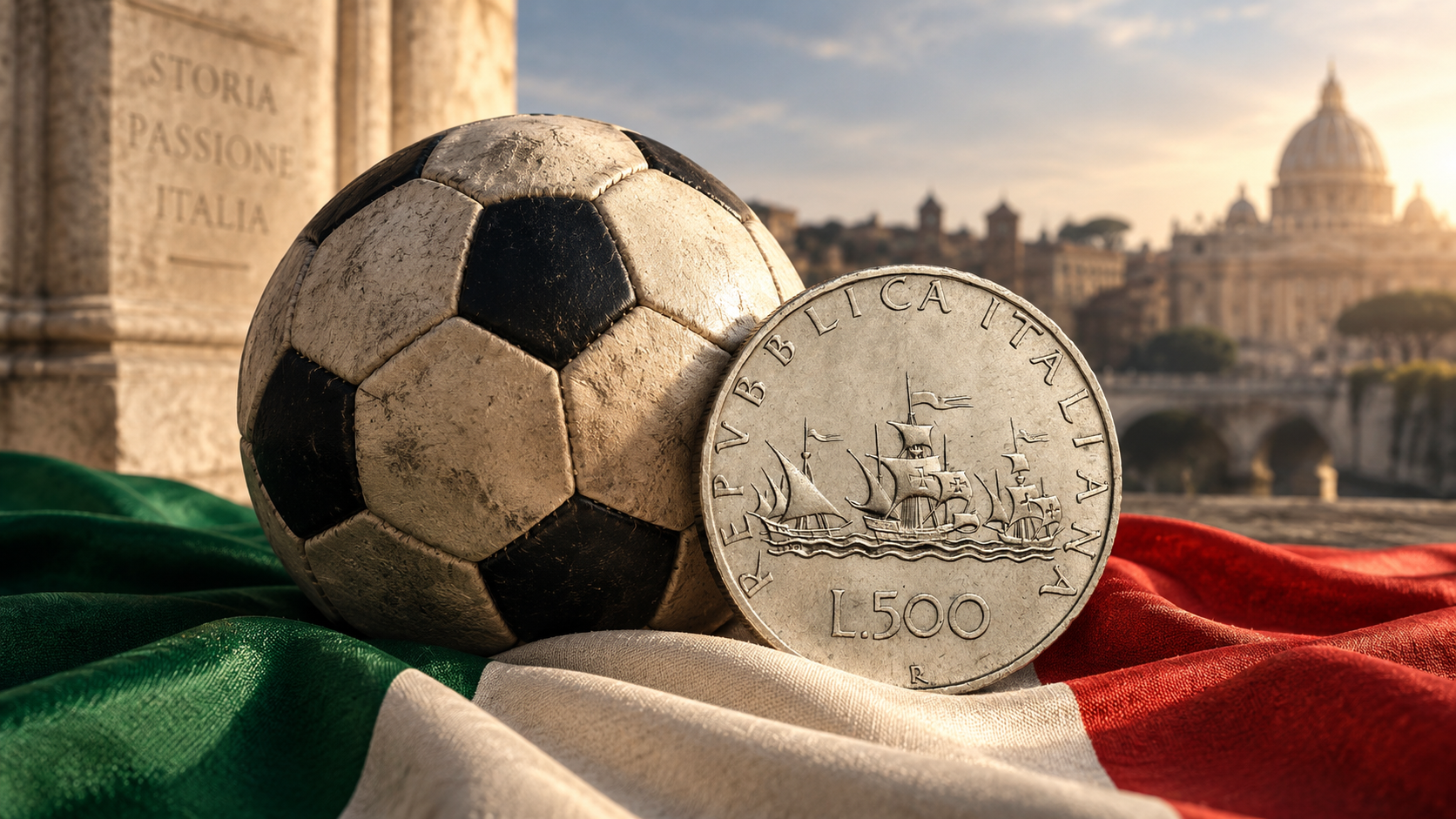 Moneta da 500 Lire Caravelle con pallone su sfondo Roma, in ricordo del sorteggio Serie A 2012